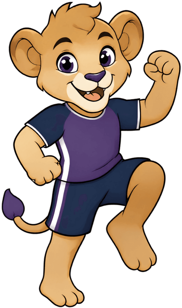Majestic lion mascot in a team shirt pumping a fist