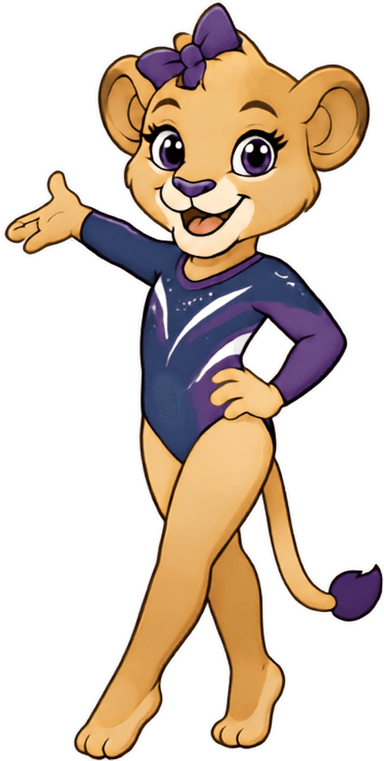 Majestic lion mascot in a purple leotard waving hello